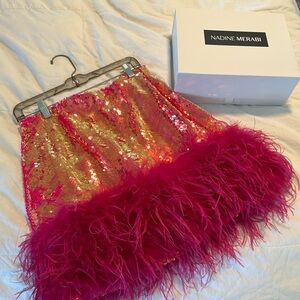 NADINE MERABI OSTRICH FUR SEQUENCE MINI SKIRT ⭐️💕✨